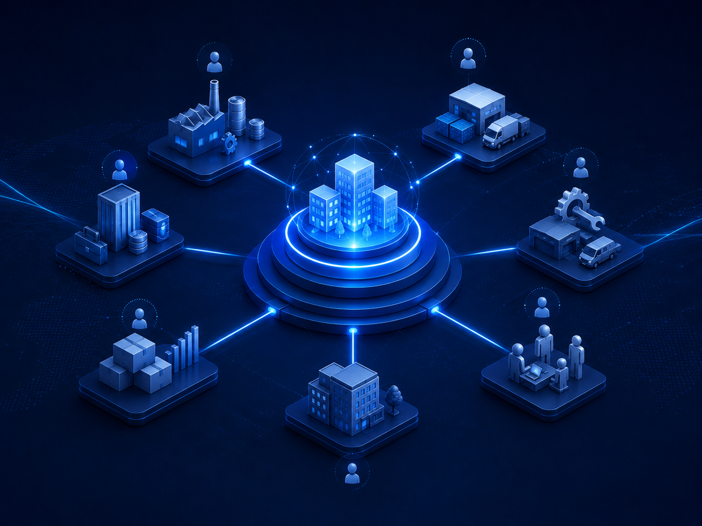 Corporate network hub connecting suppliers, factories, service partners, contractors, and consultants