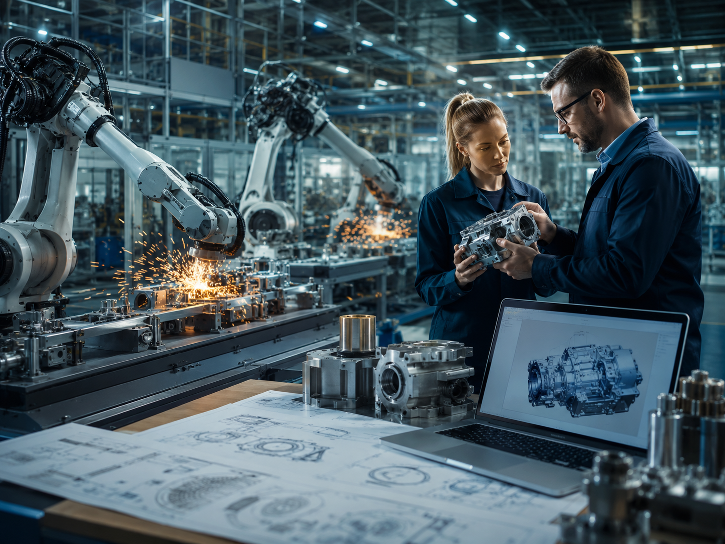 Engineering and manufacturing setup with robotic production, supplier technical review, prototype support, specification review, and production data control