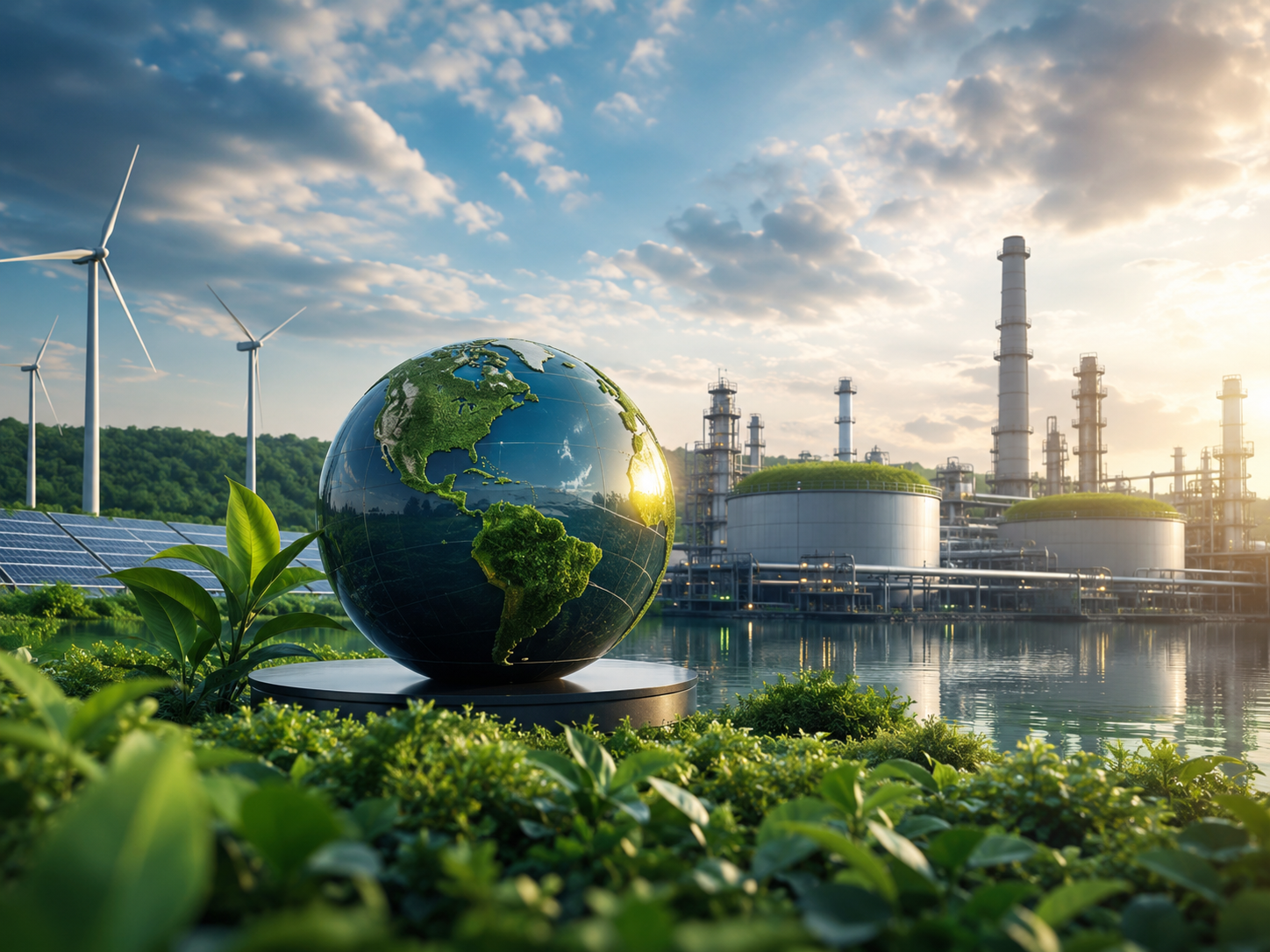 Industrial sustainability scene with environmental control, containment, energy transition, oil and gas support direction, and ESG reporting