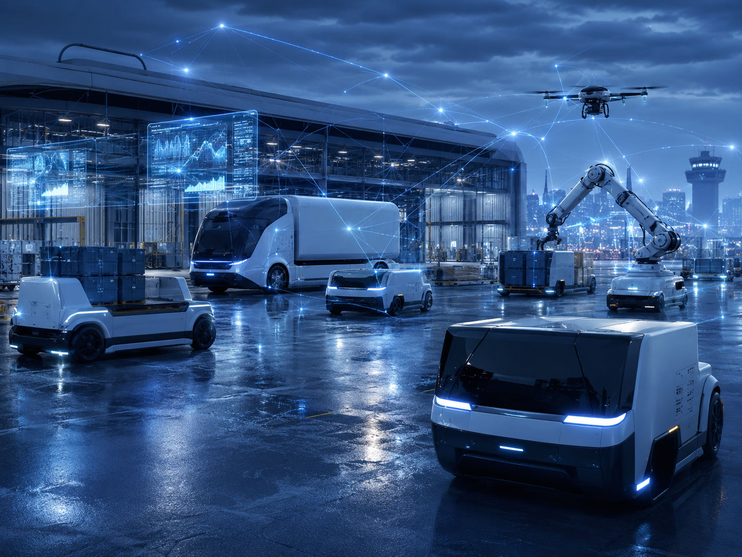 Autonomous mobility and machine-to-machine workflow with connected vehicles, facility systems, inspection analytics, and operational infrastructure