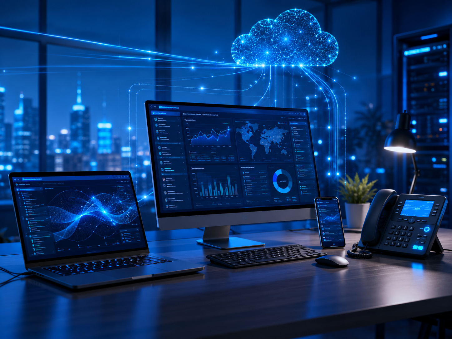 Digital business support workspace with dashboards, cloud infrastructure, web applications, VoIP, hosting, API, and workflow tools